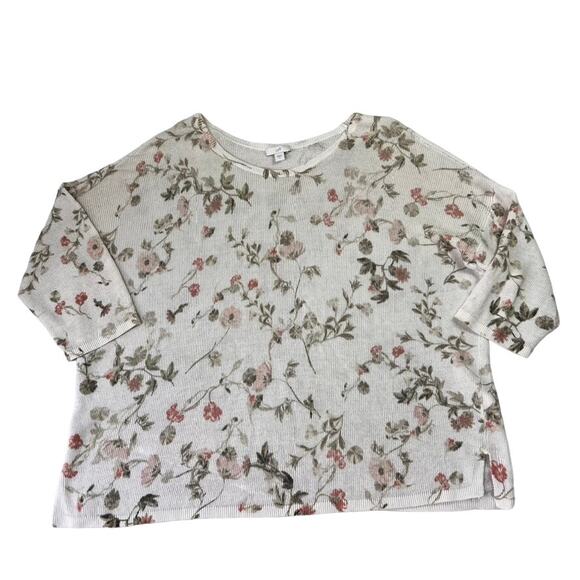 J Jill Blouse Womens L Ivory Pink Floral Linen Blend 3/4 Sleeve Loose Open Knit - Picture 2 of 8